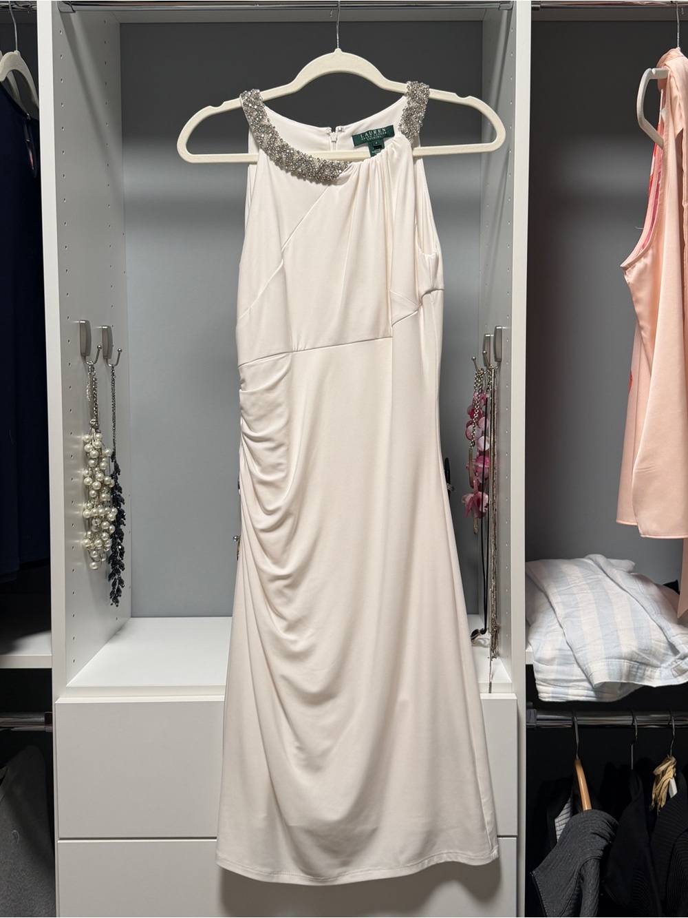 Ralph Lauren Ivory One-Shoulder Beaded Neck Dress